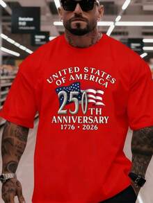 Men's 250th Anniversary Commemorative Graphic Short Sleeve T-Shirt, Soft Breathable Fabric Loose Fit Casual Tee, 180g Fashion Tops -4th Of July - 紅色 - 查看 17