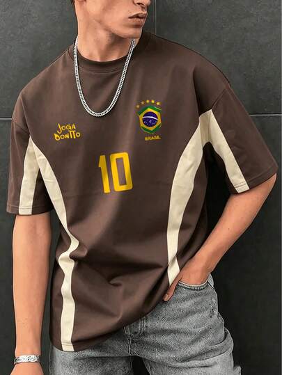 Áo thun nam in hình, áo đấu bóng đá Brazil phong cách retro - Số 10 huyền thoại, trang phục thường ngày dành cho người hâm mộ bóng đá, áo bóng đá, thiết kế phối màu.
