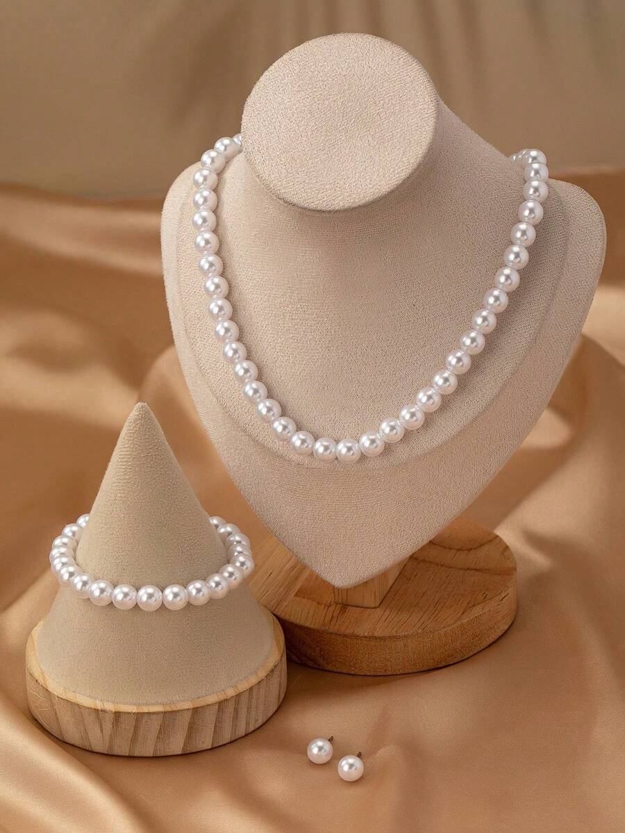 Bộ 4 món trang sức ngọc trai giả thanh lịch gồm dây chuyền + vòng tay + bông tai, phù hợp cho váy dạ hội, hẹn hò, tiệc tùng và tụ họp - Dây chuyền + Vòng tay + Bông tai - Xem 1