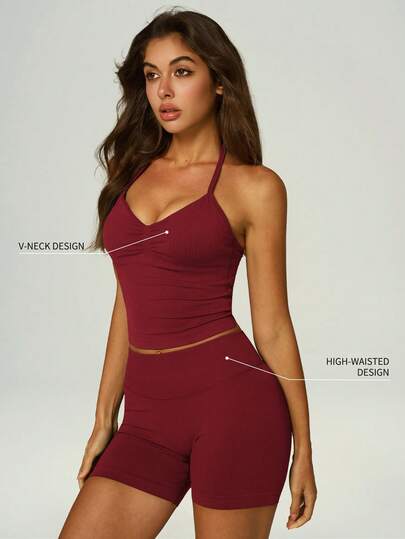 UONNOU Bộ đồ thể thao nữ màu trơn gồm áo tank top cổ yếm cạp cao và quần short nâng mông.
