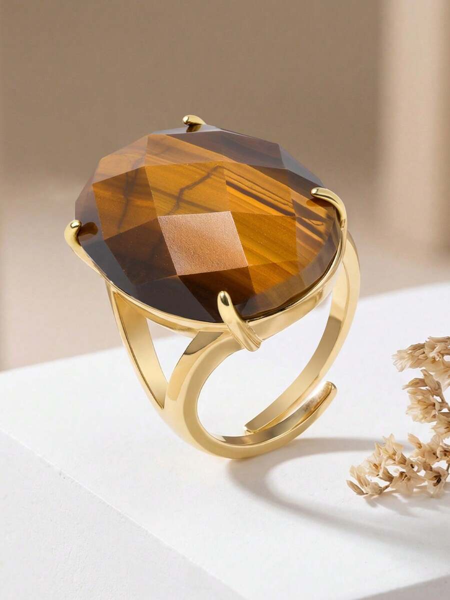 1pc Women's Natural Stone Rings Adjustable Multifaceted Egg Shape Cabochon Crystal Charm Fashionable Finger Ring Jewelry H877 - Ring - View 1