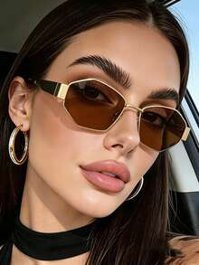 2pcs Summer Fashion Eyeglasses Set, Retro Polygon Metal Frame Decorative Glasses, Unisex Streetwear, Daily Commute, Photo Prop - 2pcs Diamond Ash and Diamond Tea - View 5
