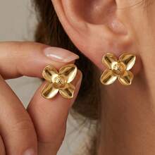 Vintage Boho Gardenia Flower Stud Earrings For Women, Hypoallergenic Stainless Steel Non Tarnish Gold Geometric Jewelry For Summer - Gold - View 3