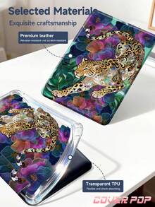 豹纹、叶子和芙蓉花珐琅图案平板电脑保护套,兼容 iPad Air 8 (M4) 2026 (11 英寸)/2026 (13 英寸)、9.7/10.2/10.5/10.9/12.9 英寸/iPad Pro 11/A16、第十代、Galaxy Tab S6 Lite 10.4 英寸、Kindle Paperwhite 第十二代 2024、Kindle(第十一代至 2024 年款),柔软防震保护,智能睡眠/唤醒功能,Y 型折叠支架,多角度观看,复古风格 - 彩色 - 查看 11