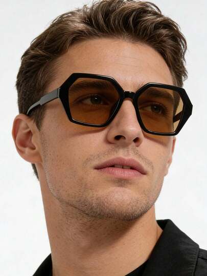 1 PC Men's Geometric Fashion Glasses Black Gradient Grey Frames Polycarbonate Material Soft Tinted Lenses Lightweight Snug Fit Vintage Style For Daily Wear Commuting With Glasses Box