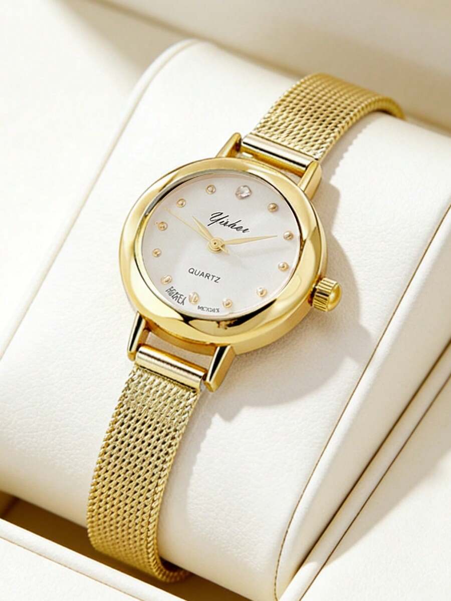 1pc/Set Luxury Gold Mesh Band Watch For Teen Girls, Elegant Versatile Daily Wear Quartz Wristwatch Suitable For Teenagers' Daily Wear, Gifting, Holiday Presents, Birthday Gifts, And Vacation Season. - Gold - View 1
