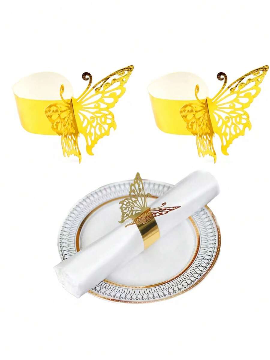 5pcs Shiny Gold Butterfly Napkin Rings, Butterfly Napkin Rings, Birthday Decor Napkin Rings, Farm Style Wedding, Hotel Valentine's Day Party Buffet Table Decor, Party Gift, Home Dining Table Decoration - Multiple Styles - View 1