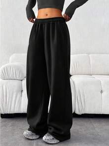 1 pieza Pantalones rectos con forro térmico de estilo casual para adolescentes, para deportes y ejercicio al aire libre, con diseño minimalista y de moda - Negro - Ver 8
