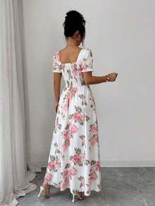Elenzya Women's Floral Rose Print Square Neck Cinched Waist A-Line Puff Sleeve Elegant Everyday Vacation Commute Fashion Valentine's Day Date French Street Retro Versatile Party White Base Red Rose Print Early Spring/Spring Summer Short Sleeve New Mid-Length Dress - 粉色 - 查看 3
