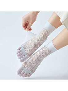 2 Pairs Women's Breathable Mesh Five Finger Socks, Thin Moisture-Wicking Mid-Calf Socks For Spring/Summer - Multicolor - View 1