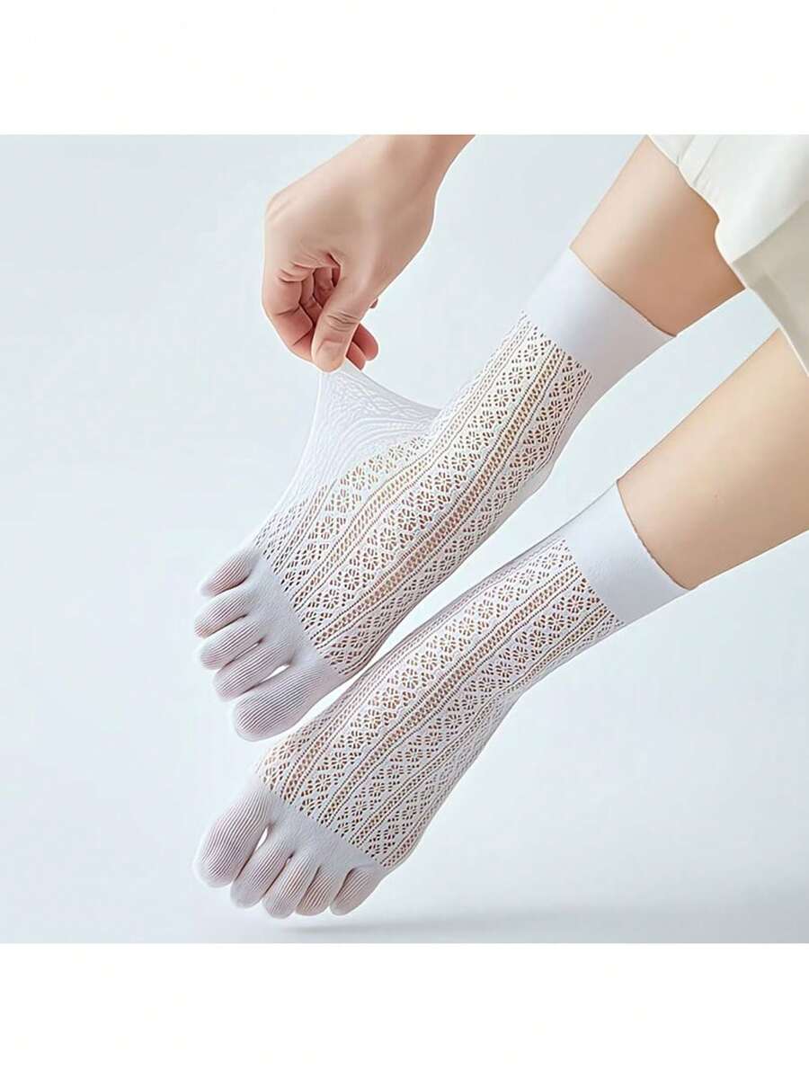 2 Pairs Women's Breathable Mesh Five Finger Socks, Thin Moisture-Wicking Mid-Calf Socks For Spring/Summer - Multicolor - View 1