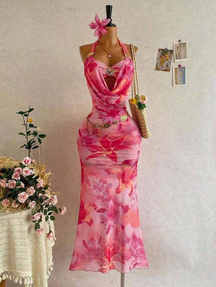 Vestido de mujer sexy y romántico para vacaciones con escote halter, atado, parches, decoración floral metálica y escote pronunciado, adecuado para la playa, cruceros, vacaciones en la ciudad, citas, festivales de música, estilo bohemio - Rosa 2 - Añade 11