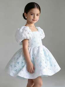Robe courte élégante à motif floral et manches à volants pour jeune fille. Robe de princesse pour anniversaire, bal, soirée de gala, vacances en plein air, mariage, printemps/été - Bleu ciel - Voir 4