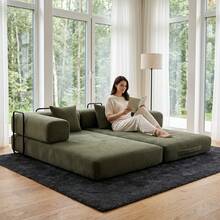 Modern Convertible Floor Sofa Bed, No Assembly Compression Couch, Deep Seat Lounge Sofa For Small Spaces, Soft Corduroy Fabric Sleeper Couch With Pillows - 橄欖綠 - 查看 2