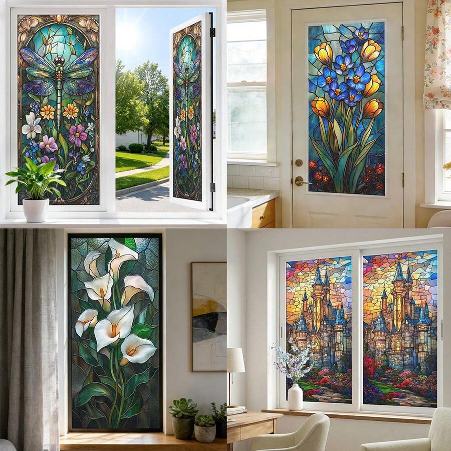 1/6pcs Vintage European Style Colorful Stained Glass Window Film. Rose, Lily, Dragonfly Design Frosted Static Cling Privacy Decal. Waterproof, UV-Resistant, Heat Insulation Window Sticker For Living Room, Bedroom, Bathroom, Glass Doors. - Multicolor - View 1