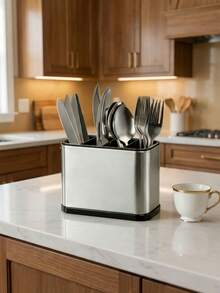 Caja de almacenamiento de cubiertos con 4 compartimentos de gran capacidad, con diseño de drenaje y ventilación para categorizar y almacenar tenedores, cuchillos, cucharas, servilletas y otros utensilios de mesa. Adecuado para cocinas, restaurantes y mesas de comedor. Un organizador moderno. - Almacenamiento de 4 compartimentos - plateado - Ver 3