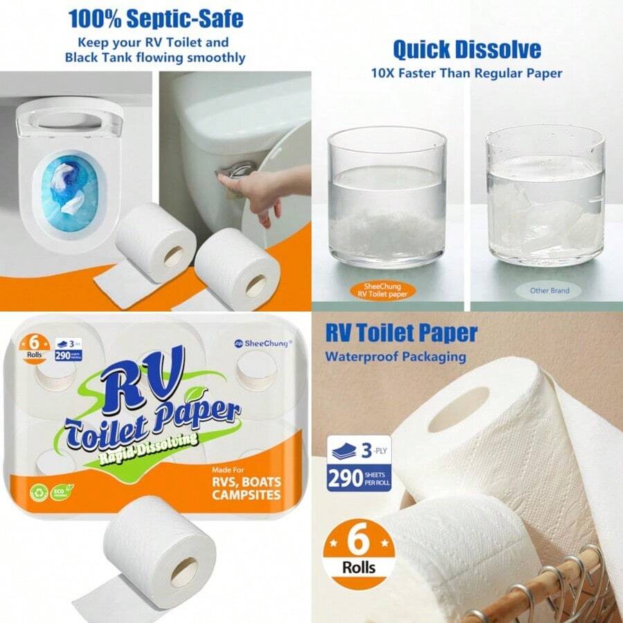 RV Toilet Paper - Rapid Dissolve Septic  Travel Toilet Tissue For RVs Boats Marine Camper Accessories- 3 Ply 290 Sheets - White - 查看 1