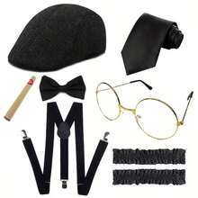 6pcs/Set 1920s Retro Men's 20s Costume Set, Including Suspenders, Hat, Bow Tie, Glasses Frame, Smoking Pipe Prop - Multicolor - View 6