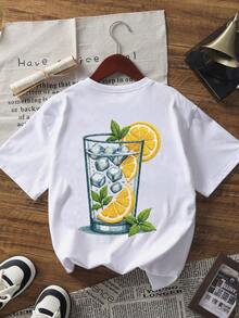 夏季新款檸檬插圖印花休閒圓領短袖T恤，時尚百搭女款上衣白色 - 白色 - 查看 4