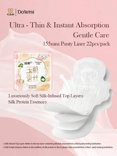 dolemi 22 miếng băng vệ sinh nữ, sợi tơ tằm 155mm, bề mặt mềm mại như lụa, thân thiện với da, ma sát thấp, nuôi dưỡng bằng protein tơ tằm và axit amin, độ pH hơi axit cân bằng hệ vi sinh vật vùng kín, lõi thấm hút nhanh chóng giúp giữ khô thoáng và thoải mái, lớp lót thoáng khí, 7 thành phần không mùi an toàn.