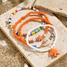 4pcs Bohemian Ocean Style Random Color Beaded, Acrylic Shell & Pearl Anklets, Suitable For Beach, Travel And Daily Outfit - Multicolor - View 6