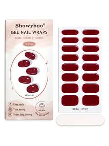 Showyboo 半固化凝膠美甲貼片 16 片裝，經典櫻桃酒紅純色設計全包覆美甲貼，持久耐磨，適合初學者，完美搭配旅行、約會、聚會與日常穿搭美甲 - 紅木色 - 查看 6