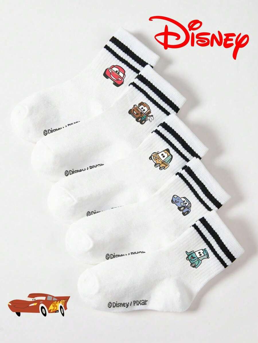 Disney 5/1雙迪士尼Cars圖案兒童中筒襪,運動風黑白雙條紋,可愛時尚休閒透氣學生襪 - 彩色 - 查看 1