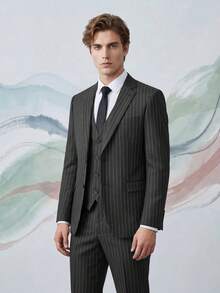 3pcs Formal Stripe Suits For Men Tuxedo Slim Fit Single Breasted Pinstripe Blazer Vest Pants Set For Wedding Prom Business Meetings - Grey - View 9