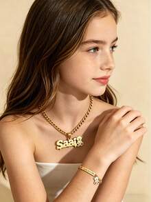 1 PC New Customized Name Jewelry, Stainless Steel Cute Bear Pendant,Each With Different Meanings And Blessings, Engraved Name, 18K Gold-Plated Stainless Steel, Teen's Bracelet And Necklace Set, Birthday Gift Sunflowers Gold Fall Fashion, Casual, 2000s Fashion, Cuties Custom, Personalized, Unique Ideal Gifts For Her Girlfriend - Gold - View 10
