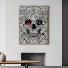 1pc Unframed Vintage Lace Skull & Red Rose Canvas Print; Gothic Skull Print; Alternative Rock Style Home Decor; Suitable For Bedroom, Living Room And Apartment; Excellent Gift For Gothic Style Enthusiasts - Abstract - View 1