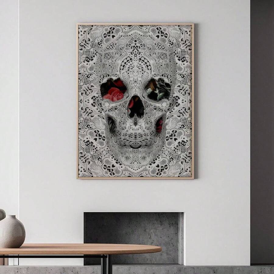 1pc Unframed Vintage Lace Skull & Red Rose Canvas Print; Gothic Skull Print; Alternative Rock Style Home Decor; Suitable For Bedroom, Living Room And Apartment; Excellent Gift For Gothic Style Enthusiasts - Abstract - View 1