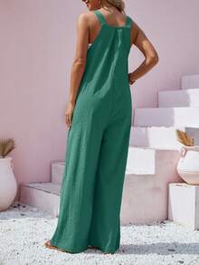 Women's Casual Solid Color Button Strap Wide Leg Jumpsuit, Spring/Summer Elegant - Mint Green - View 4