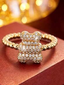 1pc Cute Bear Shaped Open Ring, Beaded Unique Design Finger Ring, Adorable Jewelry For Young Girls - Open Ring - View 5