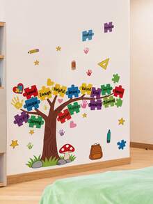 1pc Tree & English Word Puzzle Wall Sticker, Removable Decoration For Bedroom, Living Room, Children's Study Room, School - 1PC - View 2