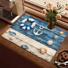 1件复古海洋图案救生圈印花吸水垫/干燥垫，适用于咖啡机、餐具 - 吸水性强的聚酯纤维桌面保护垫，带橡胶防滑垫，可用于厨房台面装饰、家庭酒吧和餐桌。 - 彩色 - 查看 1