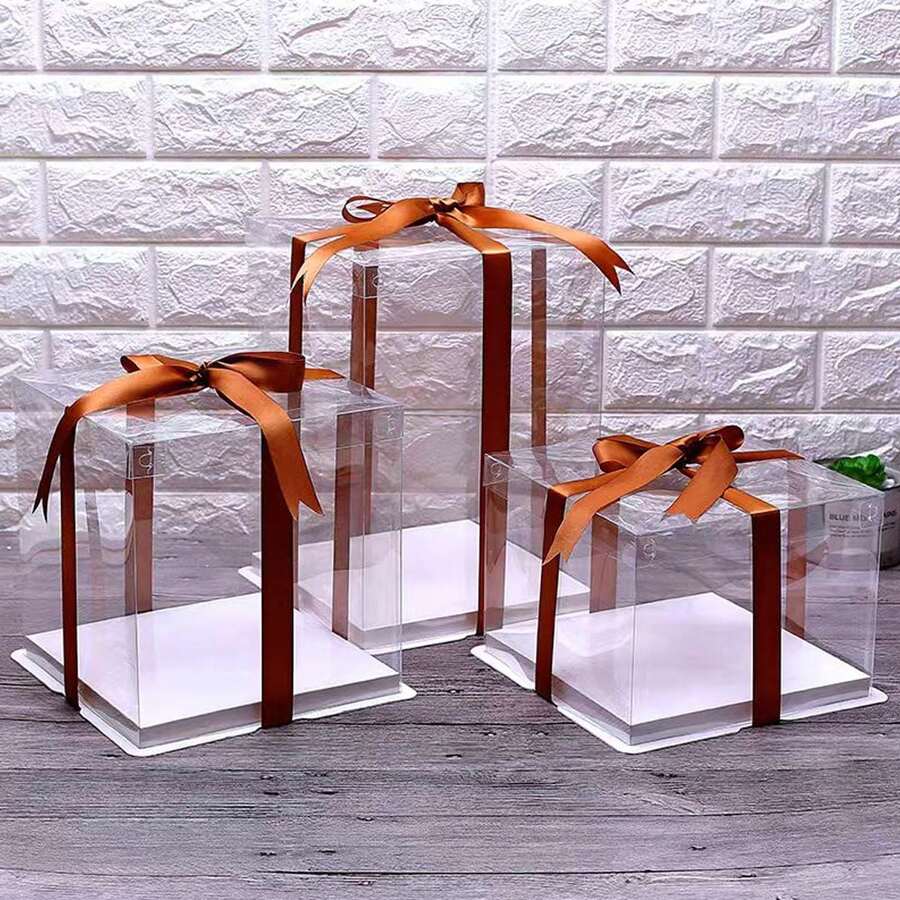 1個DIY透明蓋白色紙底蛋糕盒，提供4"/6"/8"/10"/12"/14"/16"尺寸，附隨機印花緞面絲帶 - PET材質，正方形/長方形設計，可重複使用蛋糕盒，適用於糕點、巧克力、餅乾、花卉派對禮物包裝，適合生日、婚禮、情人節、母親節、復活節、畢業季、返校、日及其他場合，亦可用作禮物盒。3合1手持生日禮物包裝盒