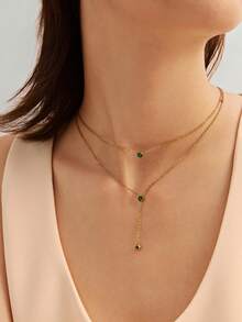 Green Zirconium Decorated Multi-Layered Y-Shaped Fashionable Stainless Steel Necklace - Green - View 3