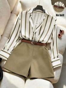 Conjunto de camisa holgada con rayas y pantalones cortos de talle alto en azul marino, conjunto de vestir minimalista y elegante para primavera/verano - Caqui - Ver 5