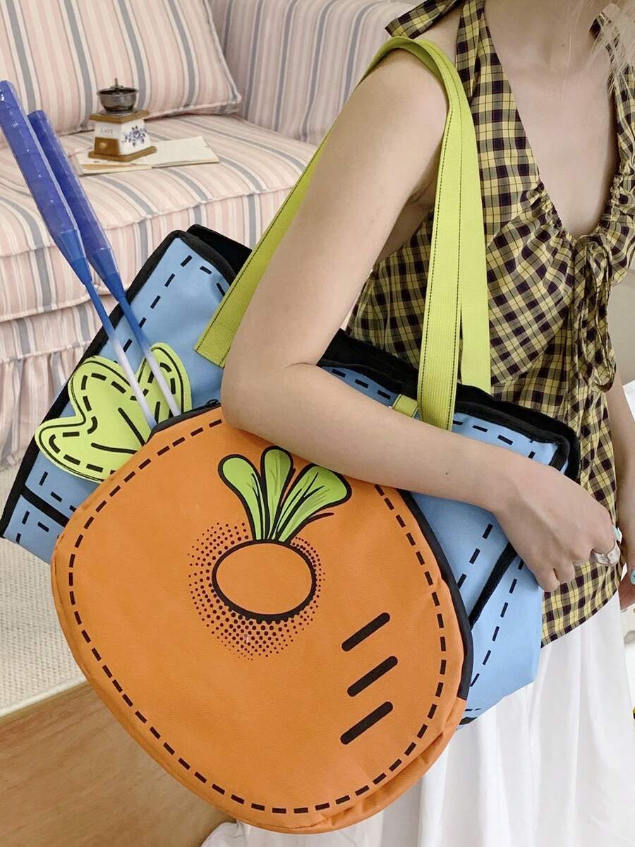1pc New Carrot Shaped Tote Bag, Large Capacity Sports Badminton Tennis Racket Bag, Cute Shoulder Handbag - Multicolor - View 1