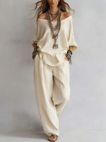 Women's 2 Piece Pants Set, Off Shoulder Loose Fit Top And Wide Leg Pants Casual Minimalist Bohemian Vacation Outfit - 白色 - 查看 7
