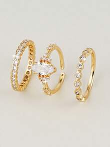 3pcs Set Cubic Zirconia Inlaid Fashionable Sparkling Rings, Suitable For Women's Daily, Dating, Party, Stacking - Yellow Gold - View 3