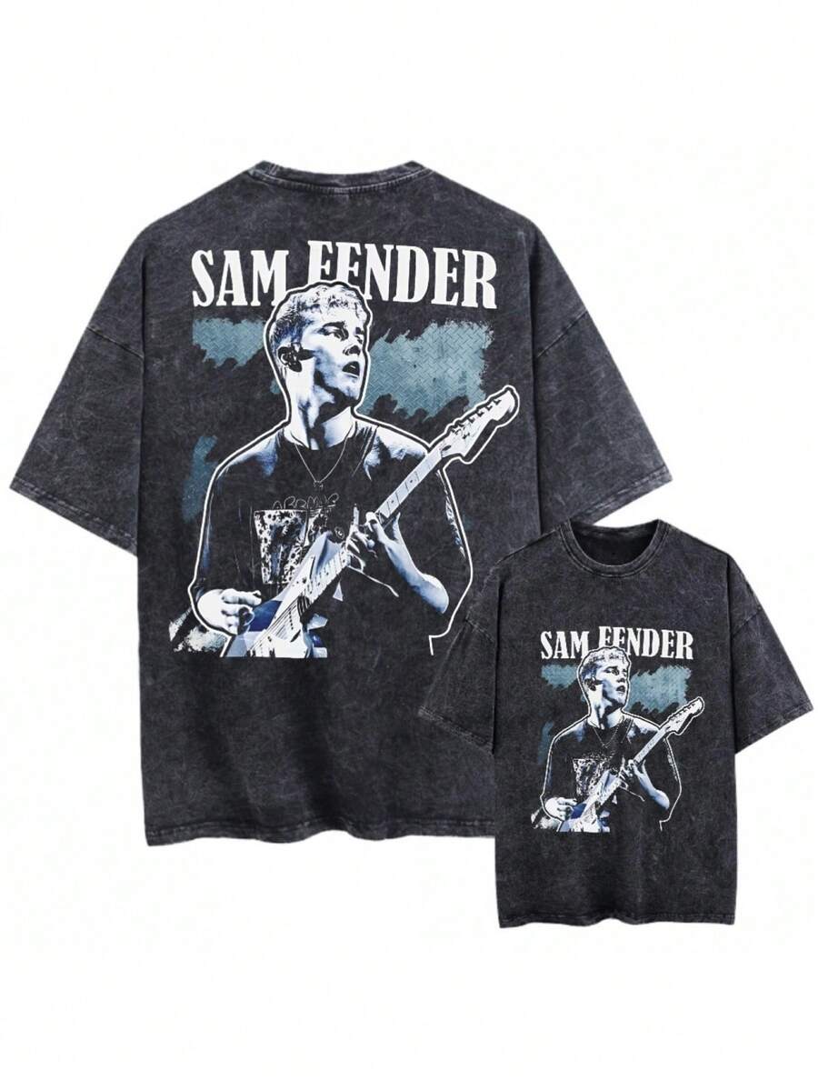 Vintage-Style, Distressed, Loose-Fitting Black T-Shirt, Designed By Sam Fender Guitarist, Unisex, Perfect For Summer Y2K Style. Humorous Short-Sleeved Crew Neck Casual Printed T-Shirt, Available For Bulk Purchase. - 黑色 - 查看 1