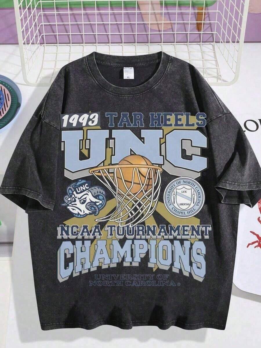 EWH Men's T - Shirt, Retro, UNC Tar Heels 1993 Champions Graphic, Vintage Washed, Loose Fit, Short Sleeved, TopDG004-Soft Fabric - Black - View 1