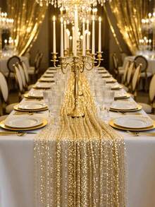 Gold Sequin Table Runner And Tablecloth Set - Shiny Gold Wedding, Party, Event Decor - Square Tablecloth With Tassel Trim (Fabric), Suitable For Dining Table Center Decor, Special Occasions - Multicolor - View 2