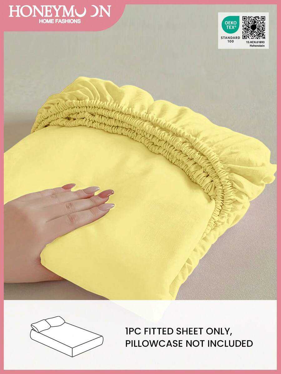 1pc Solid Color Fitted Bedsheet - 100% Polyester Goose Yellow Mattress Cover, Suitable For 9-12 Inch Depth Mattress, Shrink-Resistant, Fade-Resistant, Wrinkle-Resistant, Fits Twin/Full/Queen/King Size For Home And Dorm, OEKO-TEX Certified, Light Yellow - Pale Yellow - View 1