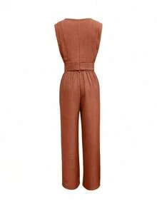 Conjunto de dos piezas de camiseta y pantalones de unicolor para mujer, informal para primavera/verano - Caqui - Ver 2