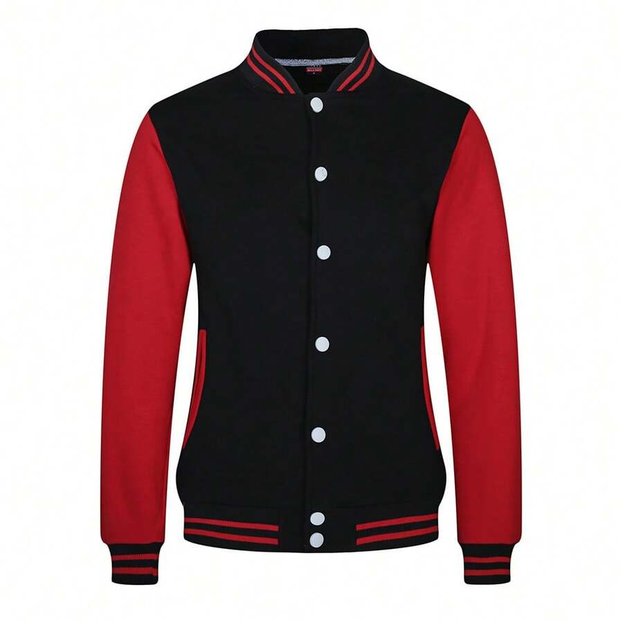 Mens Winter Baseball Jacket Comfortable Thick Warm Varsity Style Casual School & Work Uniform Coat - 黑線紅 - 查看 1
