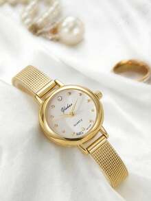 1pc/Set Luxury Gold Mesh Band Watch For Teen Girls, Elegant Versatile Daily Wear Quartz Wristwatch Suitable For Teenagers' Daily Wear, Gifting, Holiday Presents, Birthday Gifts, And Vacation Season. - Gold - View 5