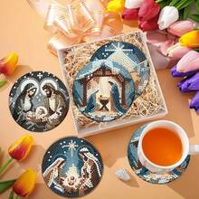 8件套钻石画杯垫套装，圆形闪亮钻石，全套工具，DIY手工制作，减压，创意礼物，适合春节、圣诞节、教师节、乔迁之喜，实用杯垫，适用于餐桌和咖啡桌 - 彩色 - 查看 4