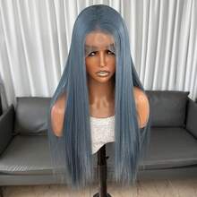 蓝色 Kanekalon Futura Hair 13x4 合成蕾丝前假发，女士款，24 英寸长直发，无需胶水，采用 Kanekalon 耐热合成纤维，自由分缝，150% 密度，蕾丝区域自由分缝，预先拔毛，自然发际线，无需胶水，耐热纤维前蕾丝假发，适合时尚女性、女孩、派对、度假、演出、化妆、日常佩戴 - 藍色 - 查看 3
